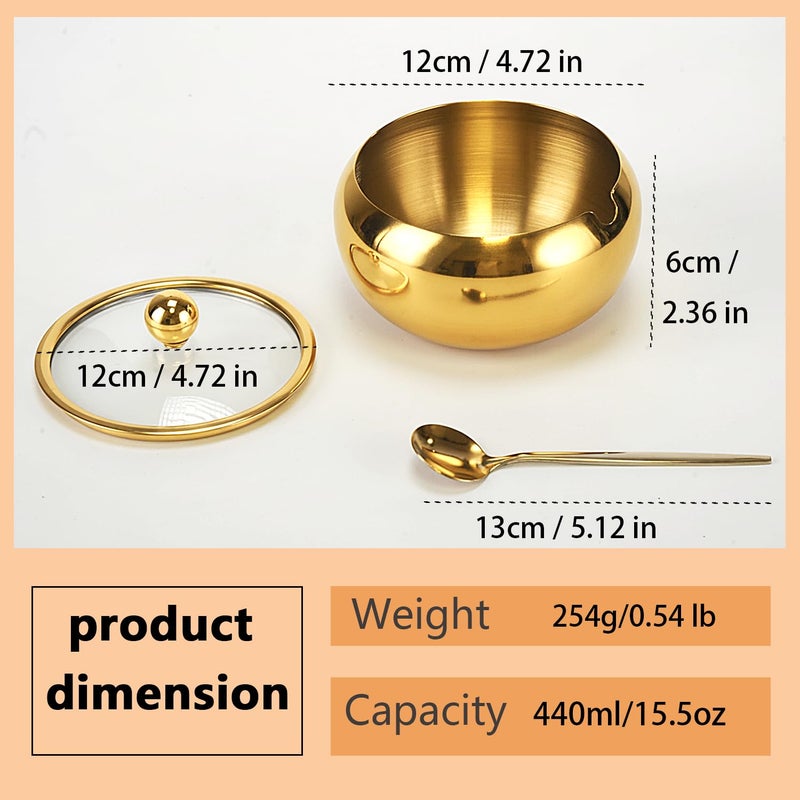 Phininia 15OZ Sugar Bowl with Glass Lid and Spoon, Sugar Container of Coffee Bar Accessories, Stainless Steel Jar for Salt, Tea, Brown Sugar Cube, Dishwasher Safe, Kitchen Decor Countertop Storage, Gold - Image 5