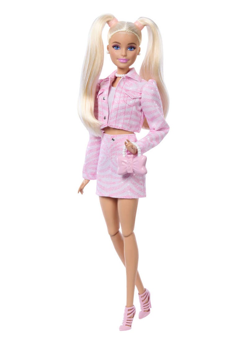 Barbie دمية بأسلوب فاخر #9 في زي جينز وردي، شعر أشقر، مجموعة جاكيت وتنورة متطابقة مع إكسسوارات مثل حقيبة قوس ومجوهرات لؤلؤية - Image 1