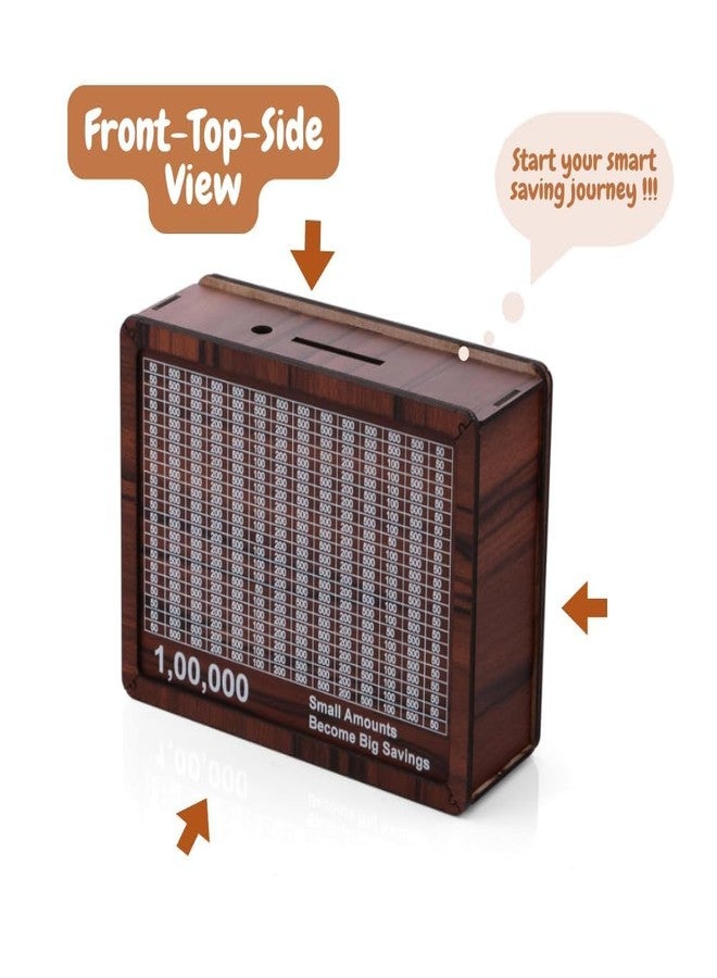 SHETAPRIDE Wooden Money Piggy Bank, Money Saving Box, Gullak with Savings Chart, 100000 Rupees Goal Tracker, Cash Collection Bank for Kids and Adults - Image 3