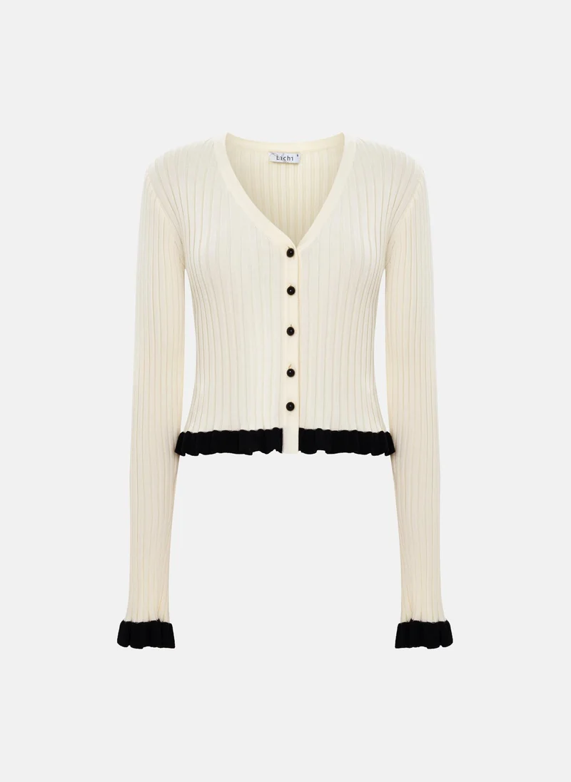 Lichi  Rib-knit cardigan with contrasting ruffles for Women | Best Price UAE