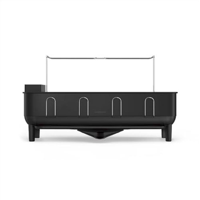simplehuman Steel Frame Dishrack, Large Capacity Dish Drying Rack, 360 Easy Drain Swivel Spout, Utensil & Wine Glass Holder, Anti-Residue Coating, Moisture Control Surface, Matte Black
