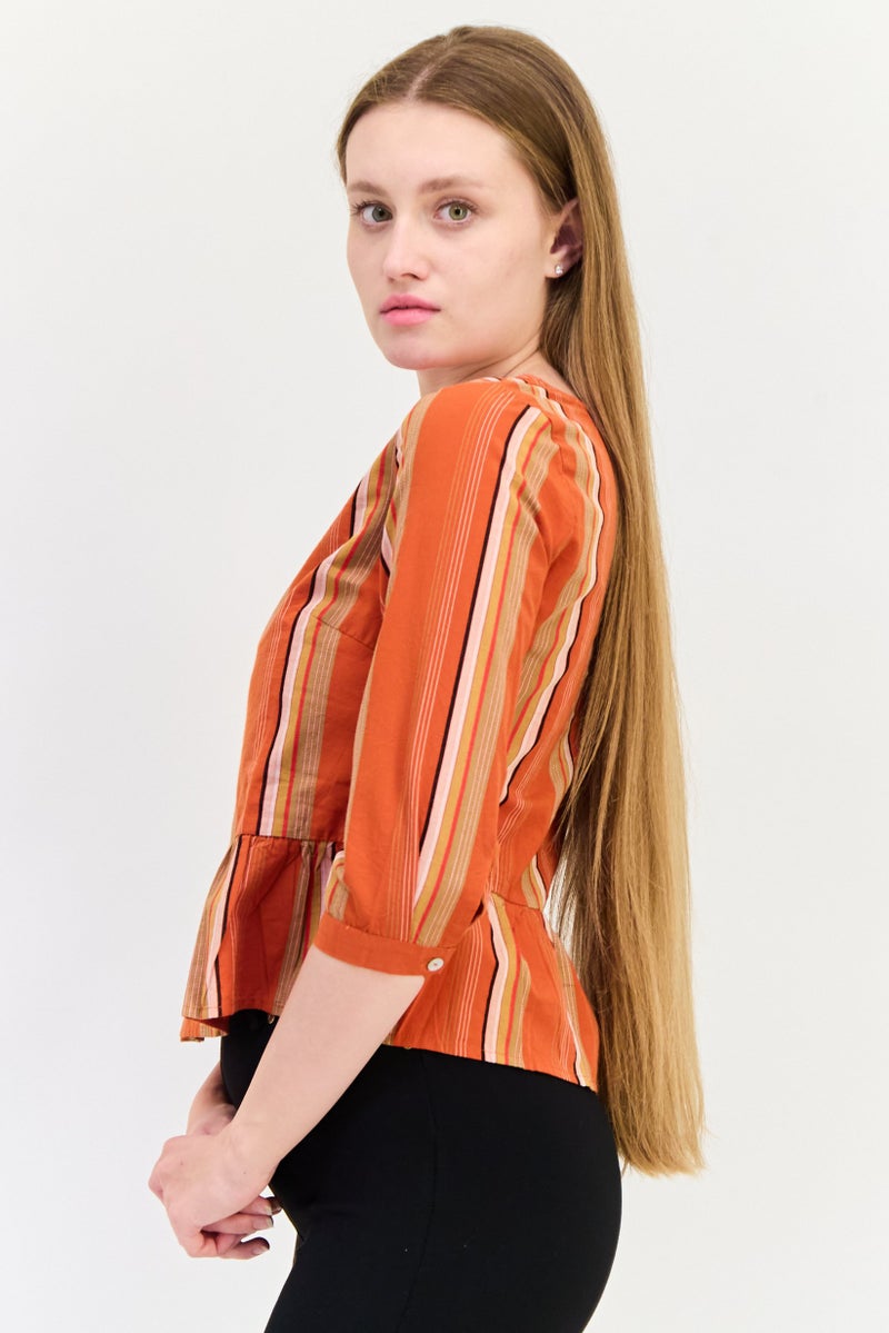 ONLY Women Round Neck 3/4 Sleeves Yarn Dye Blouse, Multicolor  - Image 2