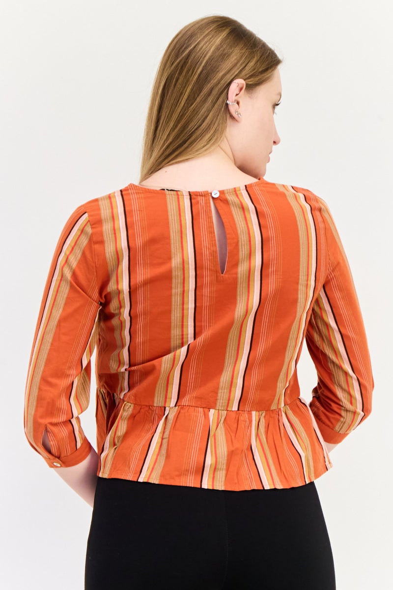 ONLY Women Round Neck 3/4 Sleeves Yarn Dye Blouse, Multicolor  - Image 3