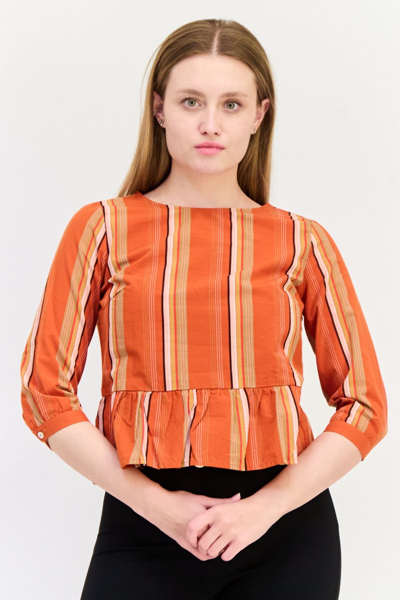 ONLY Women Round Neck 3/4 Sleeves Yarn Dye Blouse, Multicolor  - Image 1