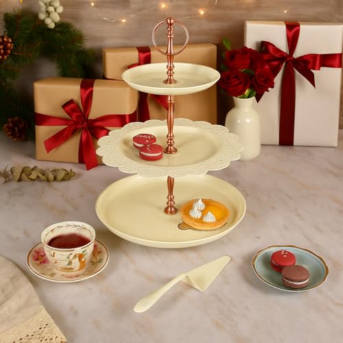 ELAN Metal Flourish 3 Tier Cake and Cupcake Stand for Birthdays/Wedding Party, Dessert Holder/Stand (Off-White) - Image 2