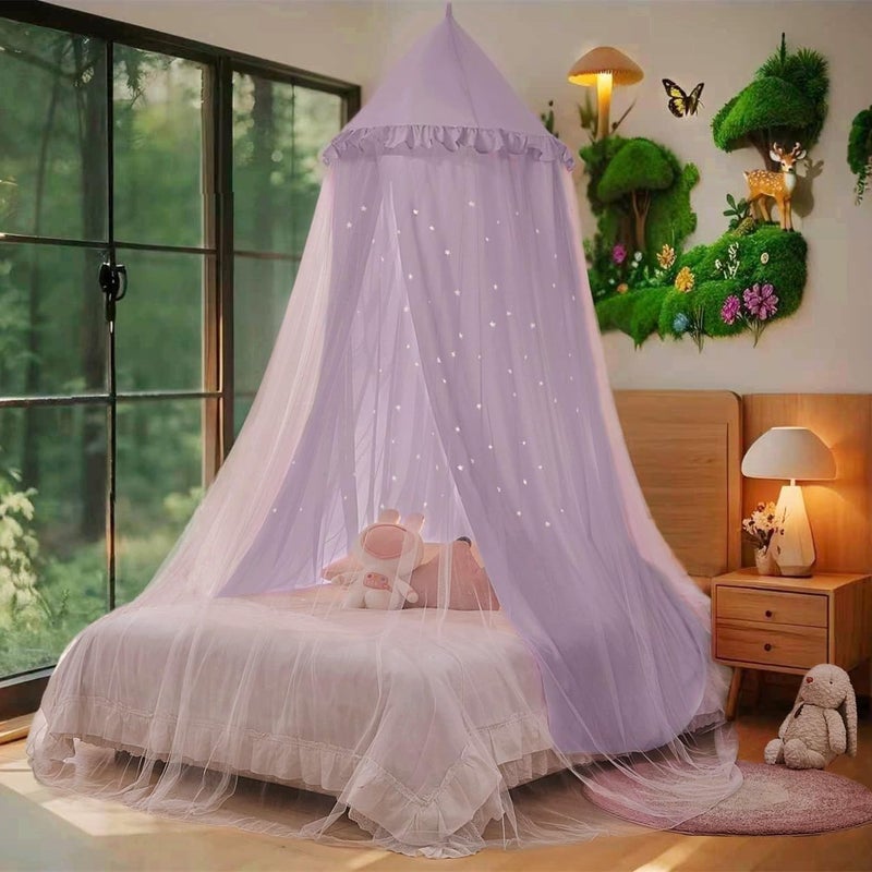 Eimilaly Princess Bed Canopy for Girls, Double Layer Canopy with Cutout Stars, Breathable & Washable Fabric, Fits Twin/Full Bed - Fairy Bed Tent for Children's Room Decoration, Purple - Image 1