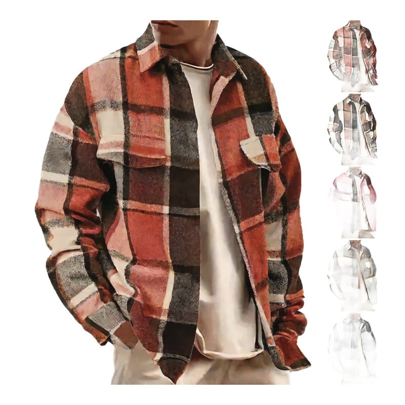 Men's Plaid Flannel Jacket Casual Long Sleeve Button Down Shirt Coat - Image 1