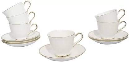 LVOOK Golden Line and Handel Bone China Tea Cup with Saucer for Tableware Best to Home Office Gifts Pack of 12 White 180 ML