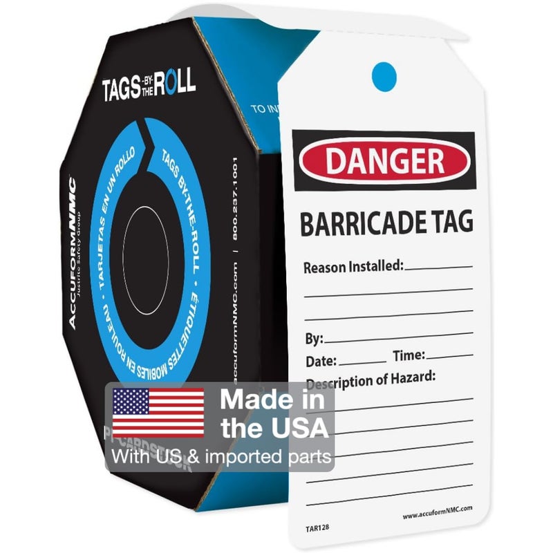 AccuformNMC 100 Safety Tags by-The-Roll, Caution Barricade, US Made OSHA Compliant Tags, Waterproof PF-Cardstock, Resists Tears, 6.25"x3", TAR128 - Image 1