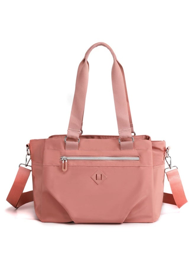 Women's Pink Nylon Tote Bag, Lightweight Crossbody Shoulder Handbag with Multi-Pockets - Image 1