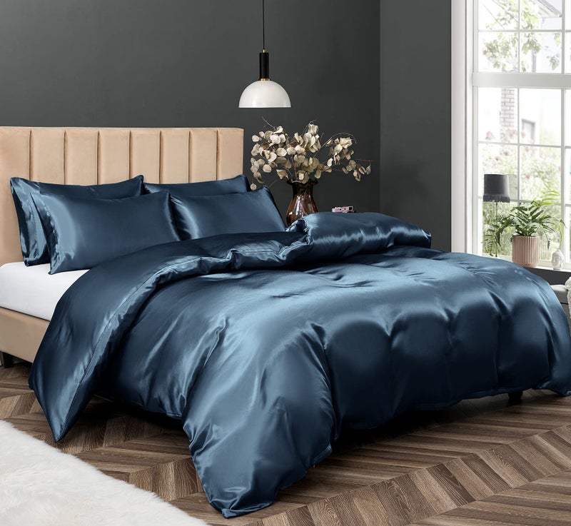 P Pothuiny 5 Pieces Satin Duvet cover FullQueen Size Set  Luxury Silky Like Navy Blue Duvet cover Bedding Set with Zipper closure  1 Duvet cover  4 Pillow cases (No comforter)
