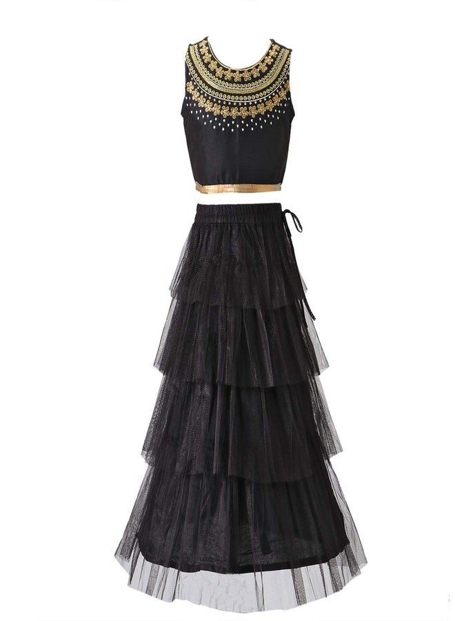 TWISHA Stylish Embroidered yoke Choli with designer Tiered Net Lehanga-Black-10Y - Image 1