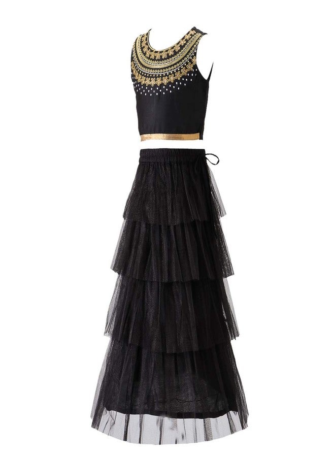 TWISHA Stylish Embroidered yoke Choli with designer Tiered Net Lehanga-Black-10Y - Image 3