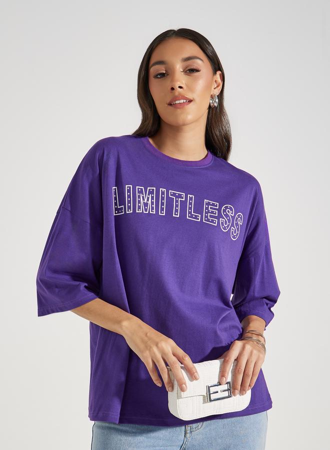 Styli Styli Oversized Dropped Shoulder Limitless Rhinestone Slogan T-Shirt  - Image 2