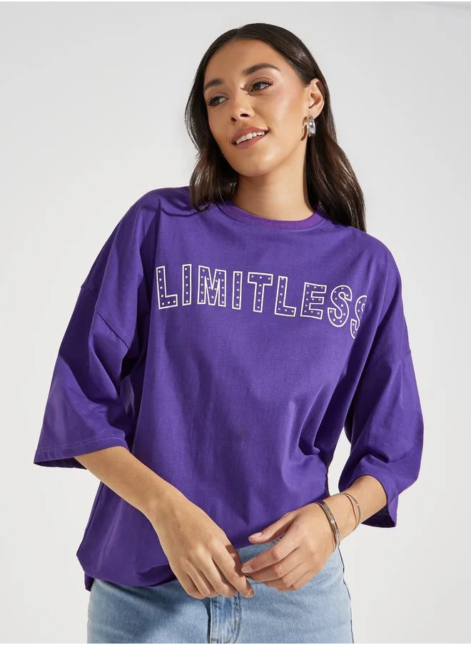 Styli Oversized Dropped Shoulder Limitless Rhinestone Slogan T-Shirt