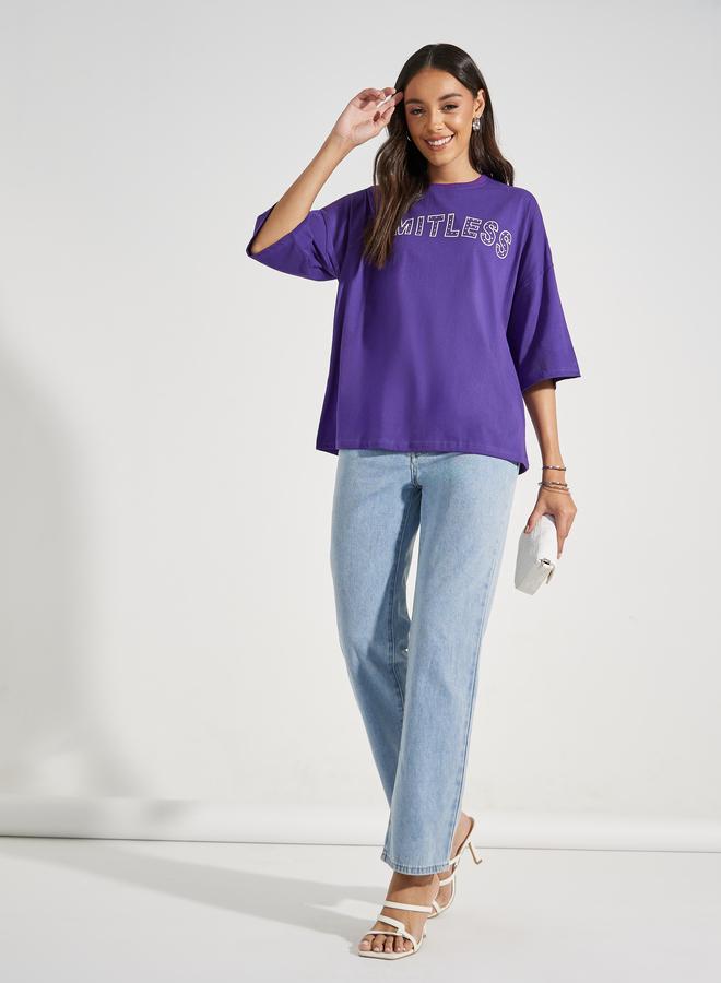 ستايلي تيشيرت 100% قطن فضفاض مزين بحجر الراين مع اكتاف منخفضة - Image 3