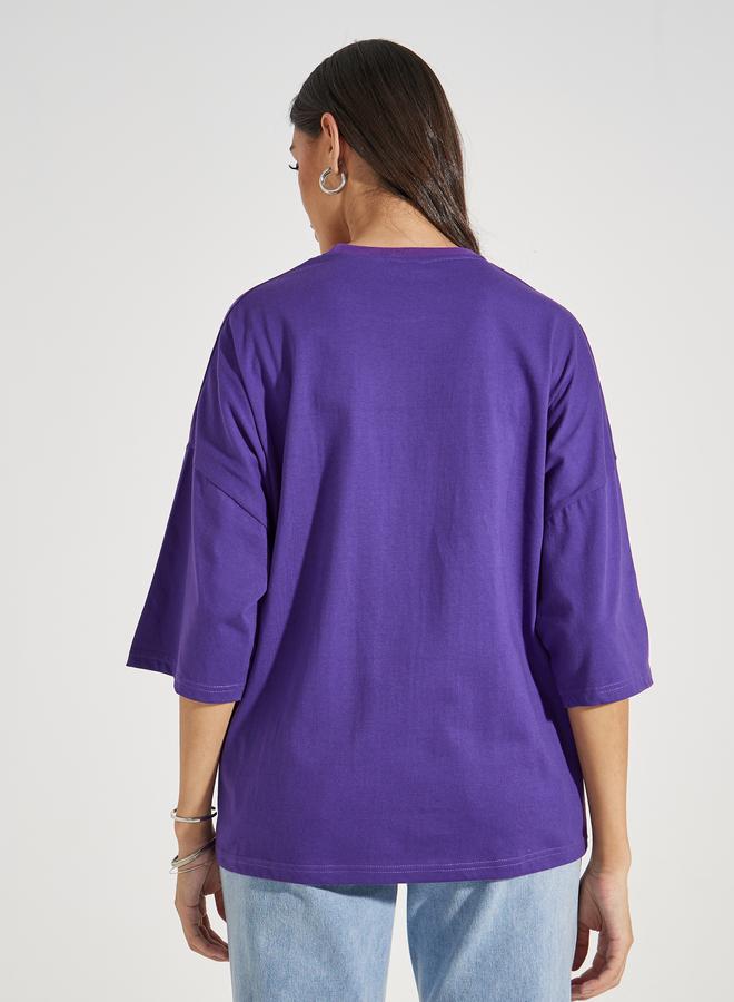 ستايلي تيشيرت 100% قطن فضفاض مزين بحجر الراين مع اكتاف منخفضة - Image 5