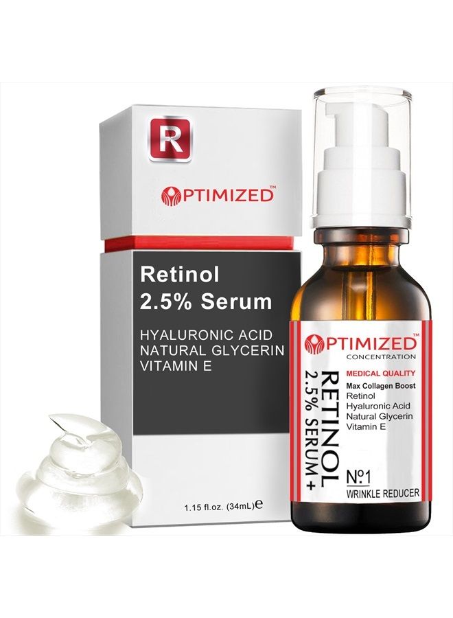 OPTIMIZED سيروم الريتينول 2.5% مع حمض الهيالورونيك، الجلسرين، فيتامين E - يقلل التجاعيد، الخطوط الدقيقة، يوحد لون البشرة، بقع الشمس، بقع العمر - يعزز إنتاج الكولاجين 1 أونصة سائلة - مختبر مُحسّن مضمون - Image 1