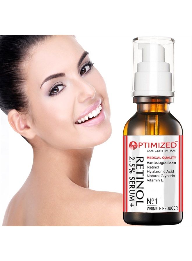 OPTIMIZED سيروم الريتينول 2.5% مع حمض الهيالورونيك، الجلسرين، فيتامين E - يقلل التجاعيد، الخطوط الدقيقة، يوحد لون البشرة، بقع الشمس، بقع العمر - يعزز إنتاج الكولاجين 1 أونصة سائلة - مختبر مُحسّن مضمون - Image 4