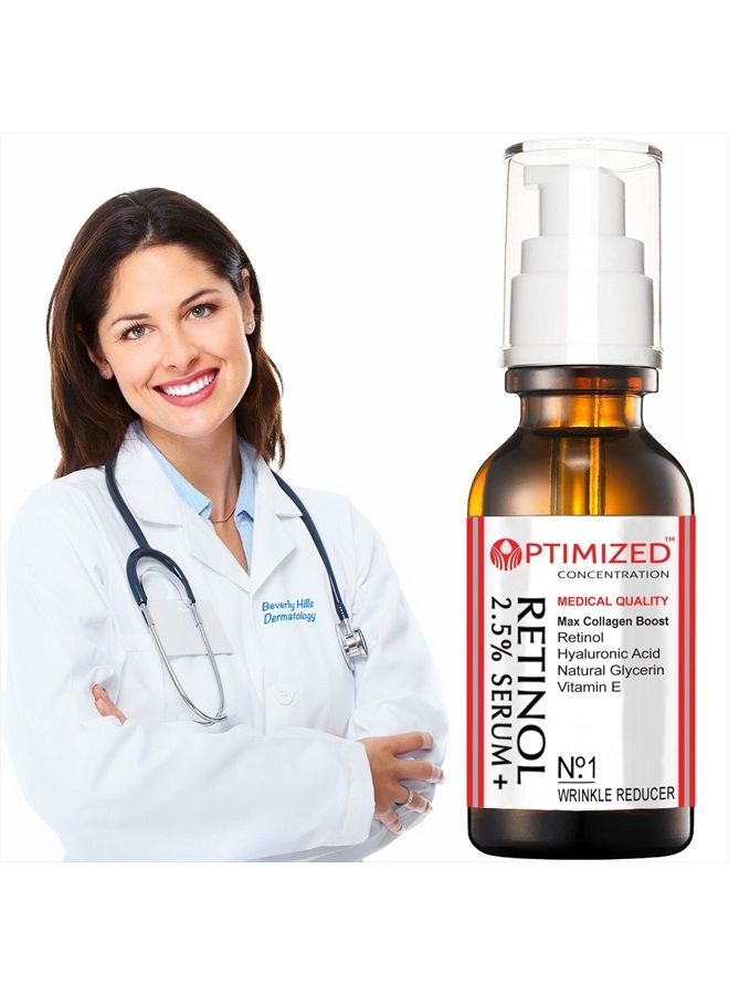 OPTIMIZED سيروم الريتينول 2.5% مع حمض الهيالورونيك، الجلسرين، فيتامين E - يقلل التجاعيد، الخطوط الدقيقة، يوحد لون البشرة، بقع الشمس، بقع العمر - يعزز إنتاج الكولاجين 1 أونصة سائلة - مختبر مُحسّن مضمون - Image 3