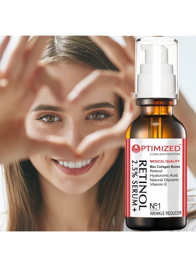 OPTIMIZED سيروم الريتينول 2.5% مع حمض الهيالورونيك، الجلسرين، فيتامين E - يقلل التجاعيد، الخطوط الدقيقة، يوحد لون البشرة، بقع الشمس، بقع العمر - يعزز إنتاج الكولاجين 1 أونصة سائلة - مختبر مُحسّن مضمون - Image 2
