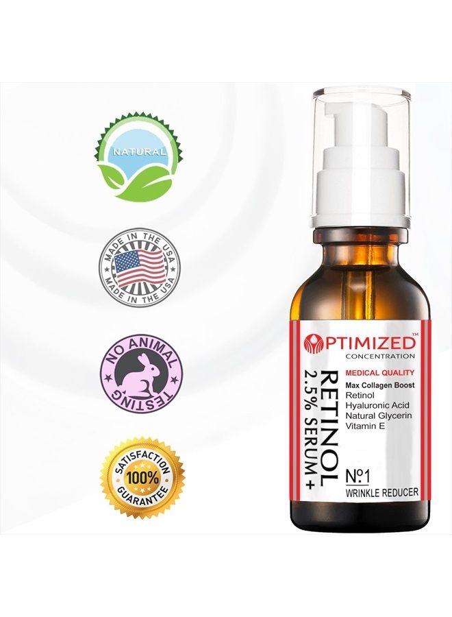 OPTIMIZED سيروم الريتينول 2.5% مع حمض الهيالورونيك، الجلسرين، فيتامين E - يقلل التجاعيد، الخطوط الدقيقة، يوحد لون البشرة، بقع الشمس، بقع العمر - يعزز إنتاج الكولاجين 1 أونصة سائلة - مختبر مُحسّن مضمون - Image 5