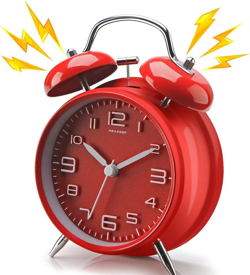 Peakeep 4.5 Inches Twin Bell Loud Alarm Clock for Heavy Sleerpers, Backlight, Battery Operated Old Fashioned Alarm Clock for Bedrooms (3D-Dial, Red) - Image 3