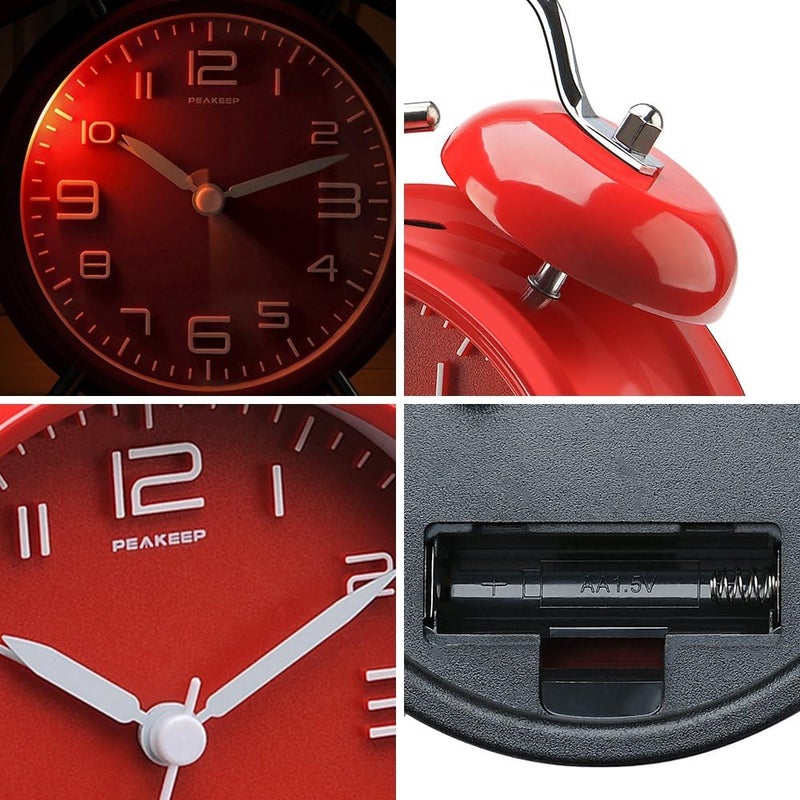Peakeep 4.5 Inches Twin Bell Loud Alarm Clock for Heavy Sleerpers, Backlight, Battery Operated Old Fashioned Alarm Clock for Bedrooms (3D-Dial, Red) - Image 5