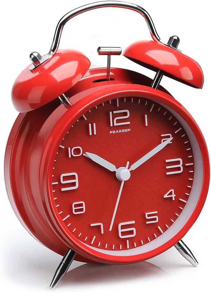 Peakeep 4.5 Inches Twin Bell Loud Alarm Clock for Heavy Sleerpers, Backlight, Battery Operated Old Fashioned Alarm Clock for Bedrooms (3D-Dial, Red) - Image 1