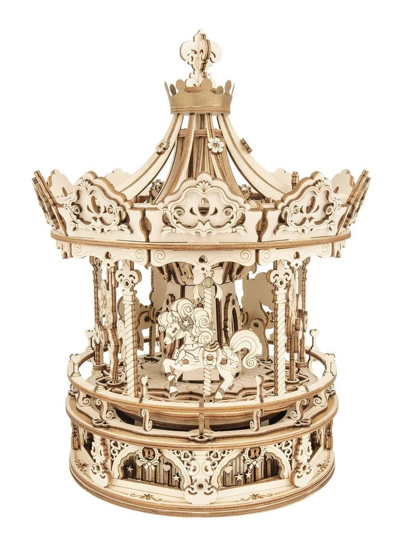 أطقم بناء نموذج دائري من الألغاز الخشبية ثلاثية الأبعاد ، صندوق موسيقي دوار 5 خيول ، هدية عيد ميلاد مثالية - Image 1