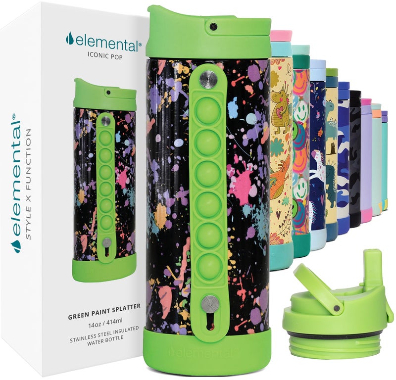 Elemental Iconic Kids Water Bottle with Straw Lid Stress Relief Pop It Handle LeakProof When Closed Triple Insulated Kids Stainless Steel Water Bottle For Girls and Boys 14oz Green Splatter