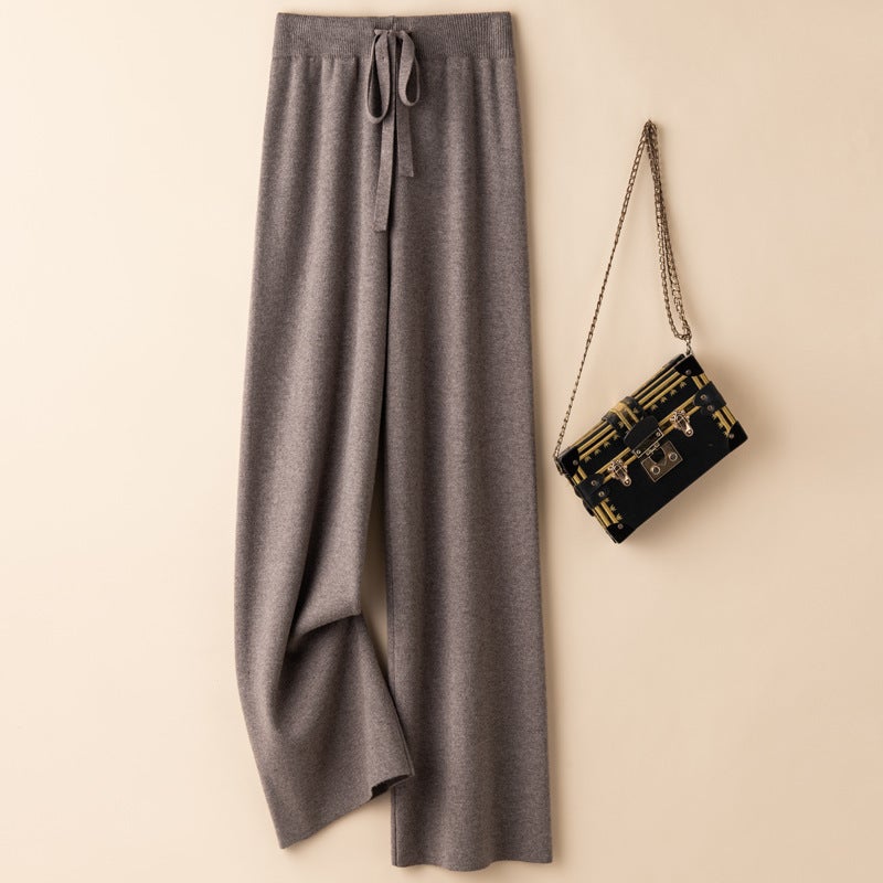 Autumn and Winter Wool Elastiness High Waist Knitted Wide Leg Pants Womens Outer Wear Slimming Straight Long Pants Loose Draped European and American Pearl White