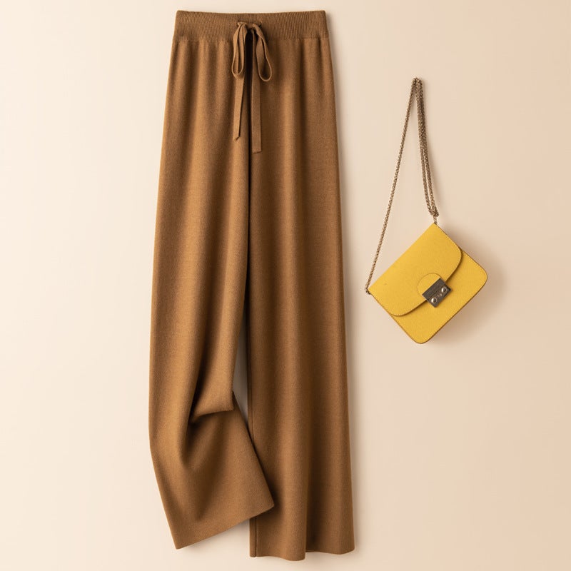 Autumn and Winter Wool Elastiness High Waist Knitted Wide Leg Pants Womens Outer Wear Slimming Straight Long Pants Loose Draped European and American Pearl White