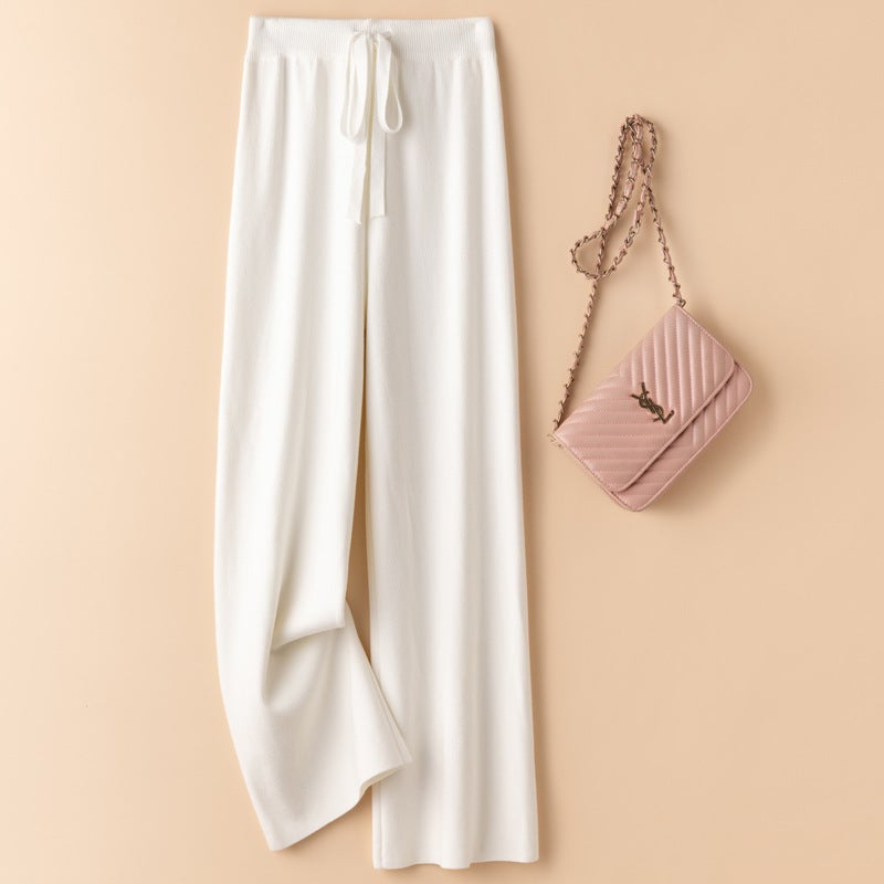 Autumn and Winter Wool Elastiness High Waist Knitted Wide Leg Pants Womens Outer Wear Slimming Straight Long Pants Loose Draped European and American Pearl White