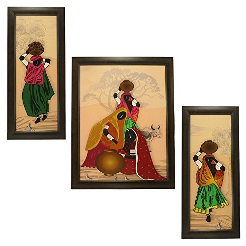 Indianara 3 PC Set of Abstract Paintings (1423) Without Glass 5.2 X 12.5, 9.5 X 12.5, 5.2 X 12.5 inch - Image 1