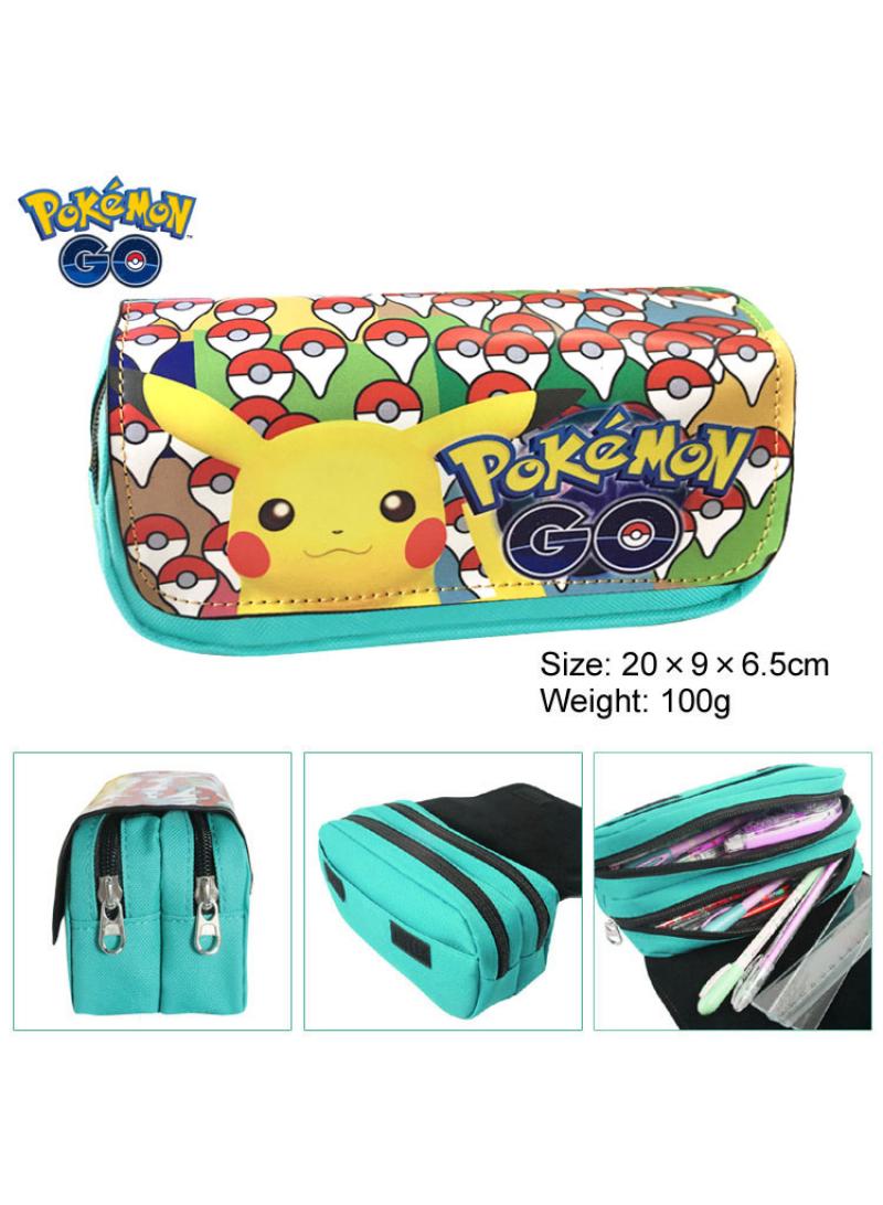 Loquat Large Capacity Cartoon Pokemon Print Pencil Case Double Canvas Zipper Pencil Bag Bluish Green - Image 4