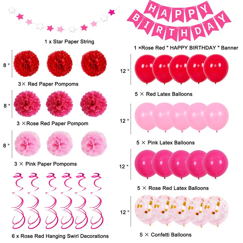 Coosilion Hot Pink Birthday Decorations, Birthday Decorations for Women Girls with HAPPY BIRTHDAY Banner Rose Red Balloons for 1st 3rd 13th 16th 18th 21st 30th 40th 50th, Valentines Day Decor for Girls Women - Image 3