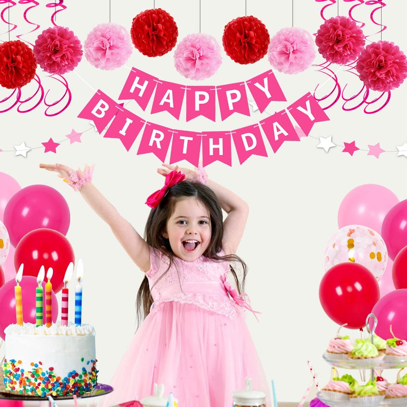 Coosilion Hot Pink Birthday Decorations, Birthday Decorations for Women Girls with HAPPY BIRTHDAY Banner Rose Red Balloons for 1st 3rd 13th 16th 18th 21st 30th 40th 50th, Valentines Day Decor for Girls Women - Image 2