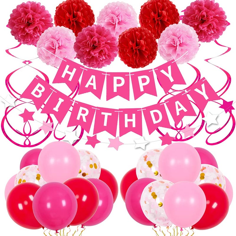Coosilion Hot Pink Birthday Decorations, Birthday Decorations for Women Girls with HAPPY BIRTHDAY Banner Rose Red Balloons for 1st 3rd 13th 16th 18th 21st 30th 40th 50th, Valentines Day Decor for Girls Women - Image 1