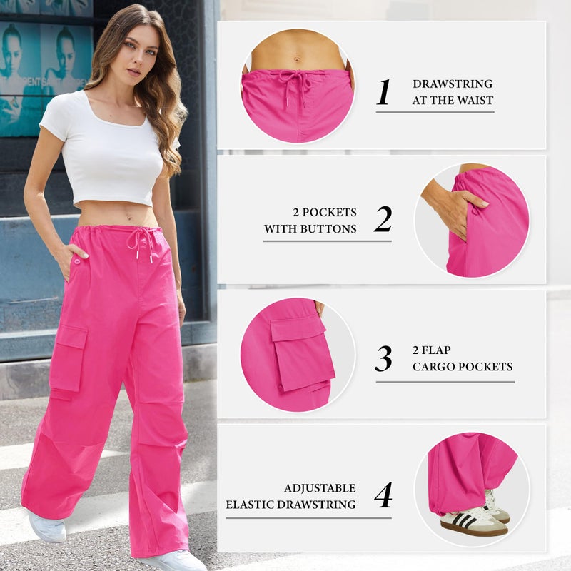 COPYLEAF Cargo Pants Women Low Waisted Parachute Pants with Pockets Loose Baggy Hiking Pants Y2K Clothes Hot Pink - Image 5