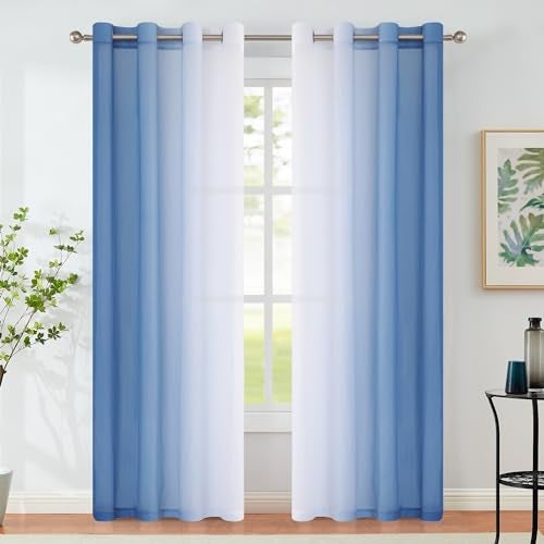 Purainbow Blue Ombre Chiffon Sheer Curtains 90 Inch Long for Living Room Bedroom Decor, Crinkle Gradient Semi Voile Grommet Top Window Curtain Drapes for Girls Room, Garden, Yard, Set of 2 Panels - Image 5