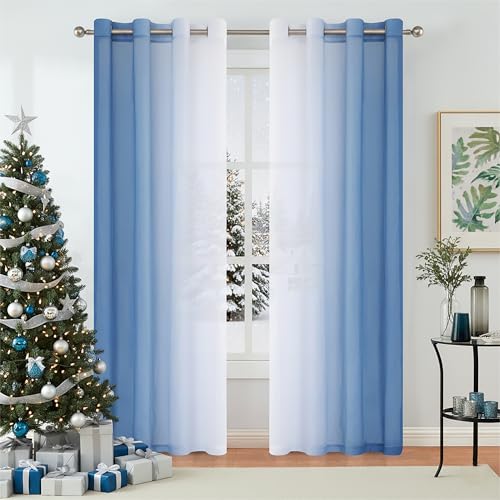 Purainbow Blue Ombre Chiffon Sheer Curtains 90 Inch Long for Living Room Bedroom Decor, Crinkle Gradient Semi Voile Grommet Top Window Curtain Drapes for Girls Room, Garden, Yard, Set of 2 Panels - Image 1