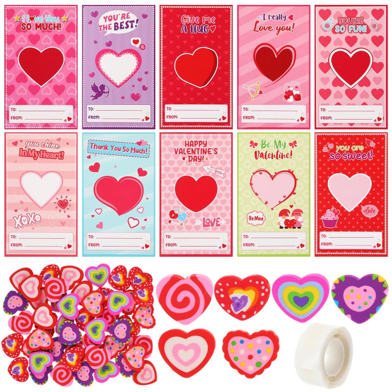 Gilprop 50 Set Valentines Cards with Heart Erasers Bulk Mini Heart Erasers for Party Favor Gifts Office Exchange Prize Valentines Sweet Greeting Cards - Image 3