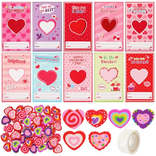 Gilprop 50 Set Valentines Cards with Heart Erasers Bulk Mini Heart Erasers for Party Favor Gifts Office Exchange Prize Valentines Sweet Greeting Cards - Image 1