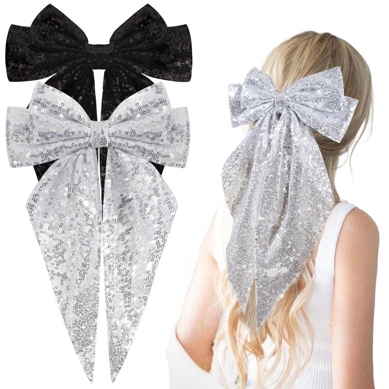2Pcs Big Glitter Layered Hair Bows for Women Girls 8 Inch Barrette Hair Clip Black Sliver Sparkly Large Long Bows Style Hair Accessories BlackSilver