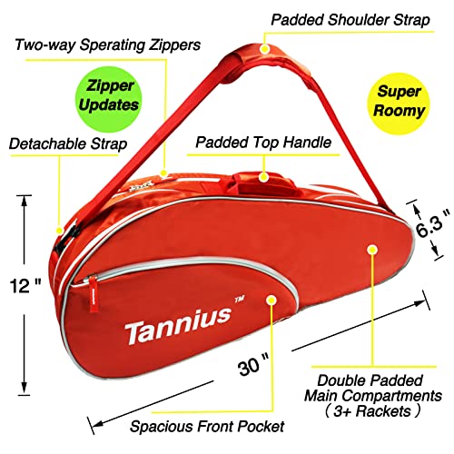 Tannius 3-5 Racket Tennis Bag, with Shoe & Phone Compartment and Protective Pad, Super Roomy and Lightweight Racquet Bag for Tennis, Badminton (Red) - Image 2