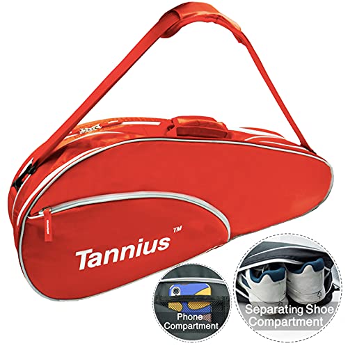 Tannius 3-5 Racket Tennis Bag, with Shoe & Phone Compartment and Protective Pad, Super Roomy and Lightweight Racquet Bag for Tennis, Badminton (Red) - Image 1