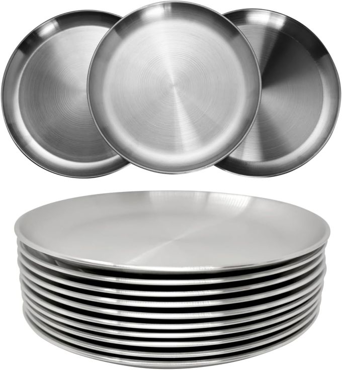 STAINLESS STEEL PLATES 9 INCH 304 METAL LIGHTWEIGHT UNBREAKABLE DINNER DISHES PLATES SET NONTOXIN DISHWASHER SAFE BPA FREE AND HEALTHY 10 PCS