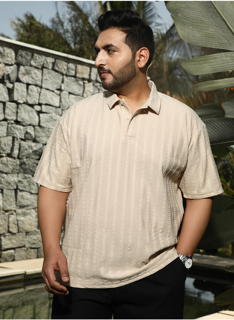 انستافاب بلس Instafab Plus Men's Beige Spiralknot-Tactile Polo T-Shirt For Casual Wear | Polo Neck | Short Regular Sleeves | Half-Button Closure | Plus Size T-Shirt Crafted With Comfort Fit For Everyday Wear