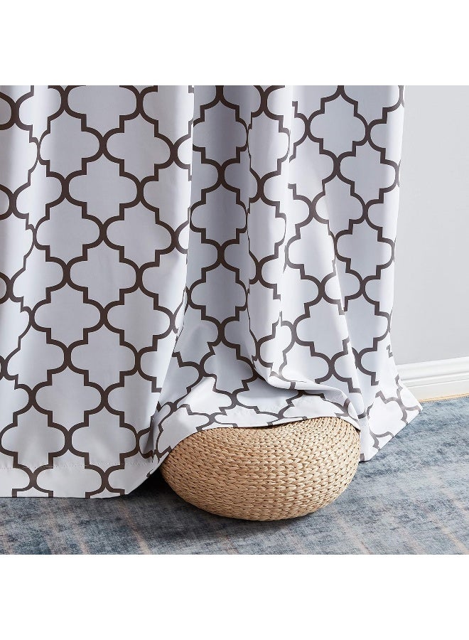 HLC.ME Lattice Print Moroccan Thermal Blackout Curtains 84 Inch - Privacy Shaded & Darkening Grommet Window Curtains Draperies for Bedroom and Living Room, Platinum White & Grey, 52 W x 84 L, 2 Panels - Image 1
